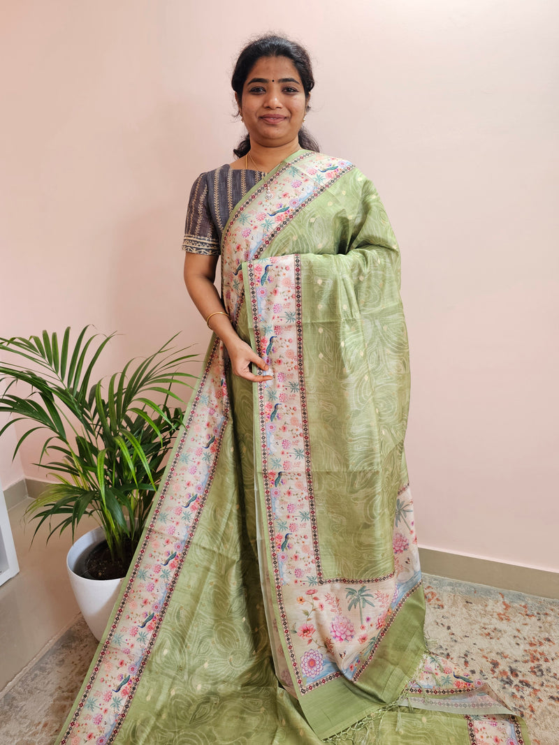 Unique Semi Tussar with Zari Weaving Butti- Green