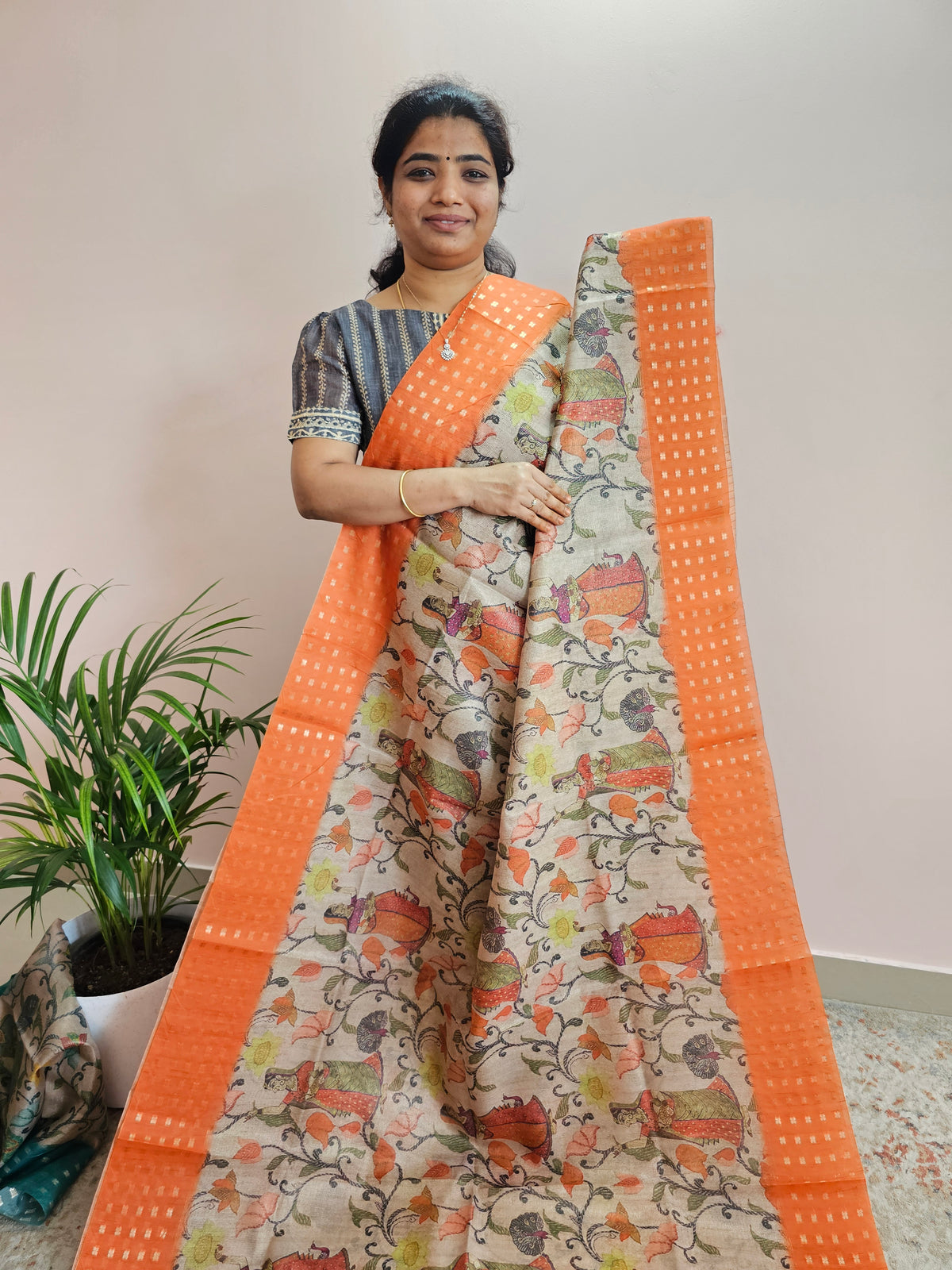 Unique Semi Tussar with Zari Weaving - Orange