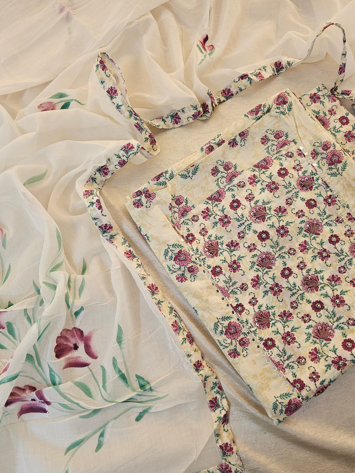 Pure Cotton Unstitched Salwar - Off-white with Sandal