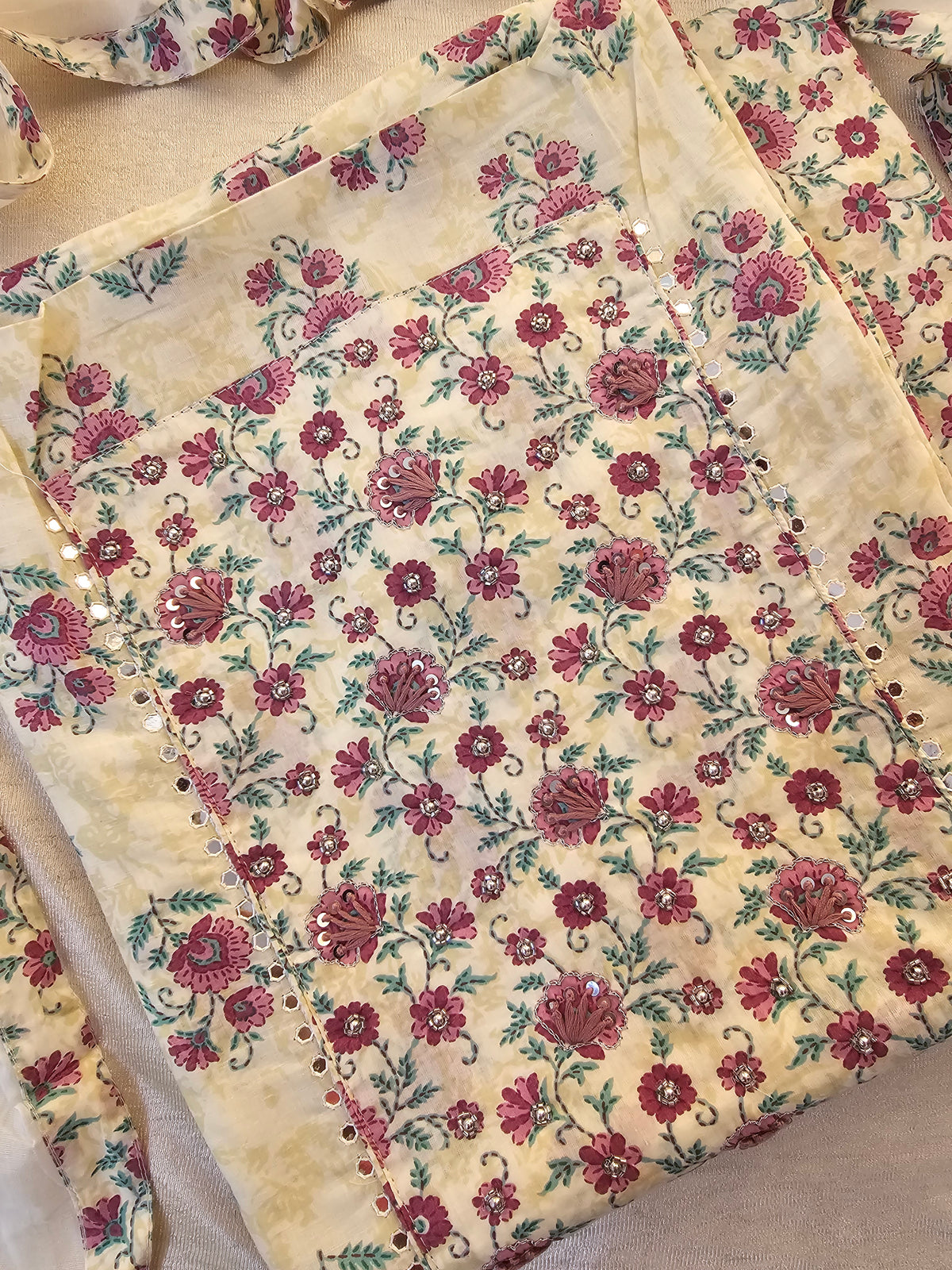 Pure Cotton Unstitched Salwar - Off-white with Sandal