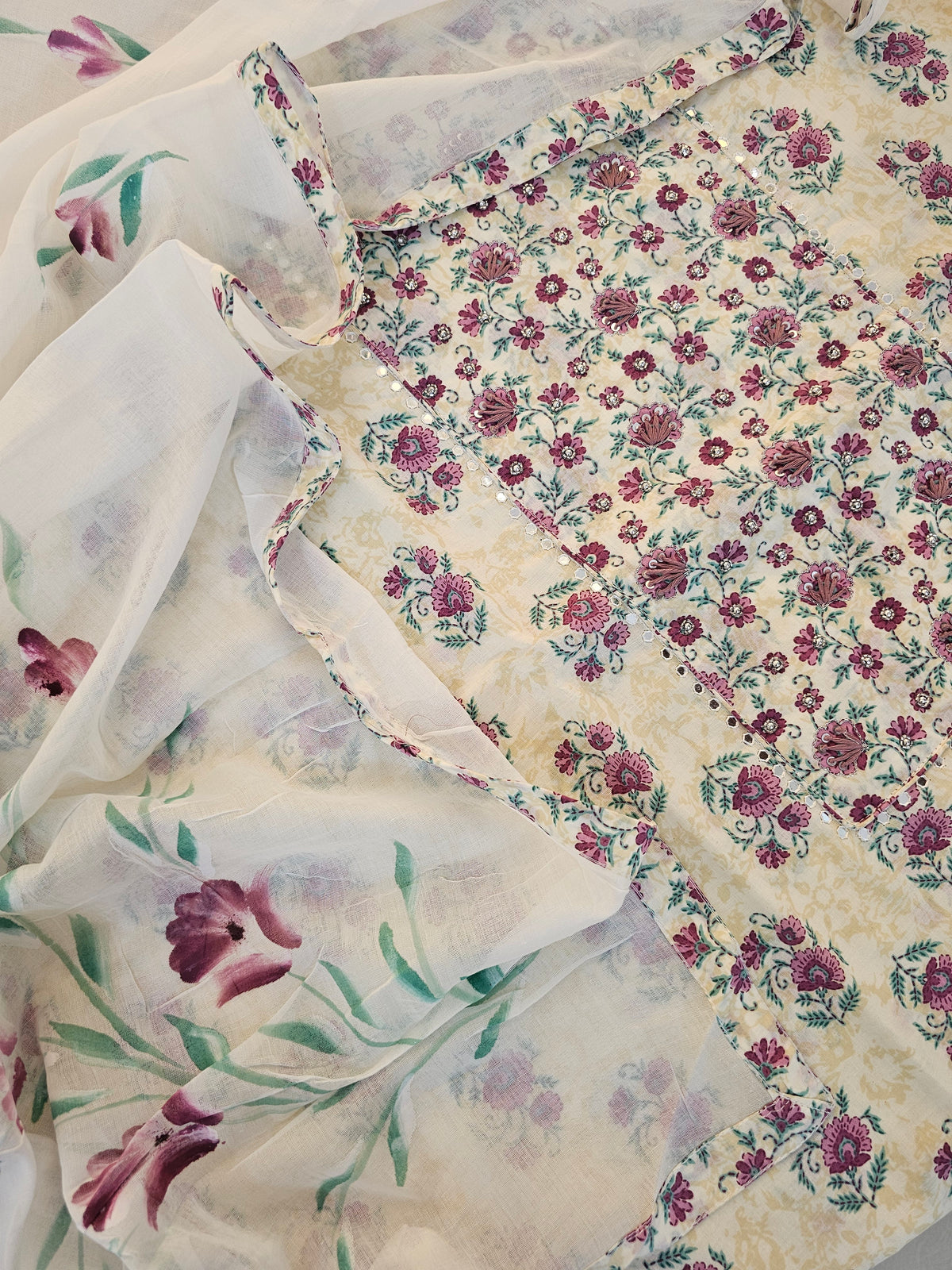 Pure Cotton Unstitched Salwar - Off-white with Sandal