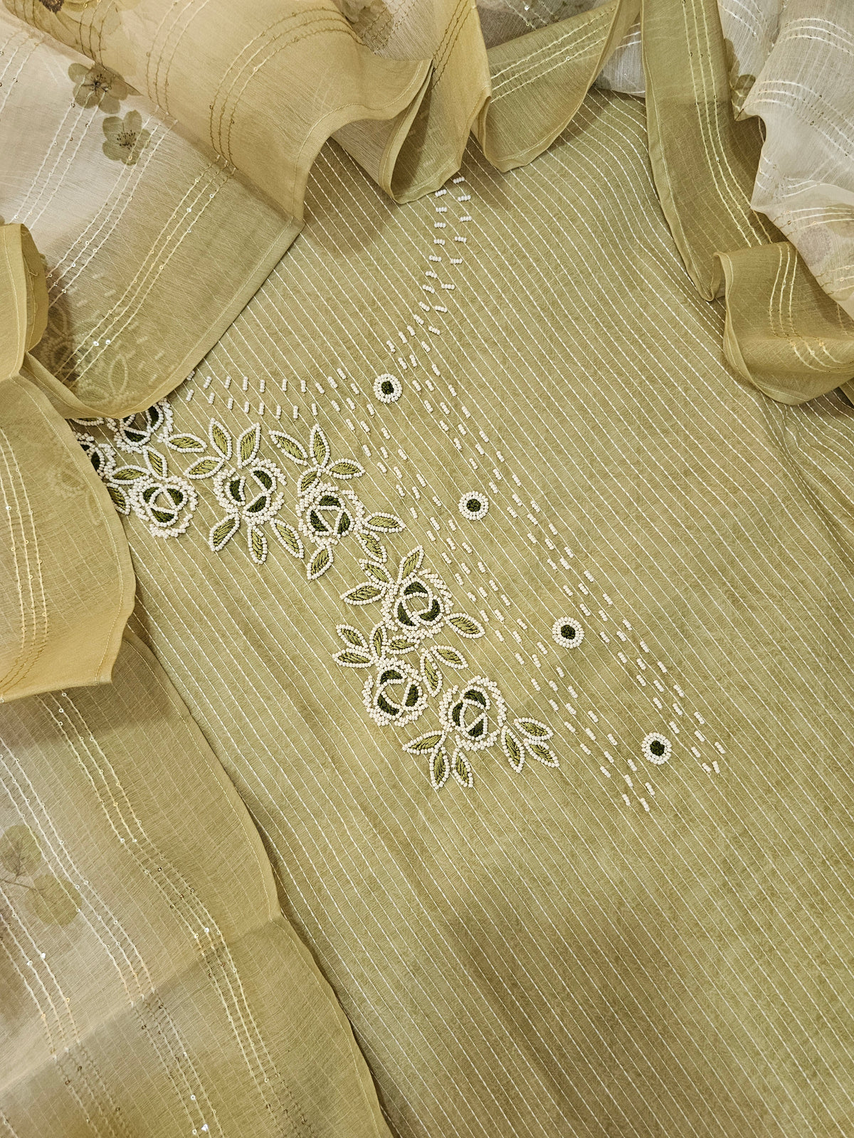 Chanderi with Kantha Unstitched Salwar Suit  - Green