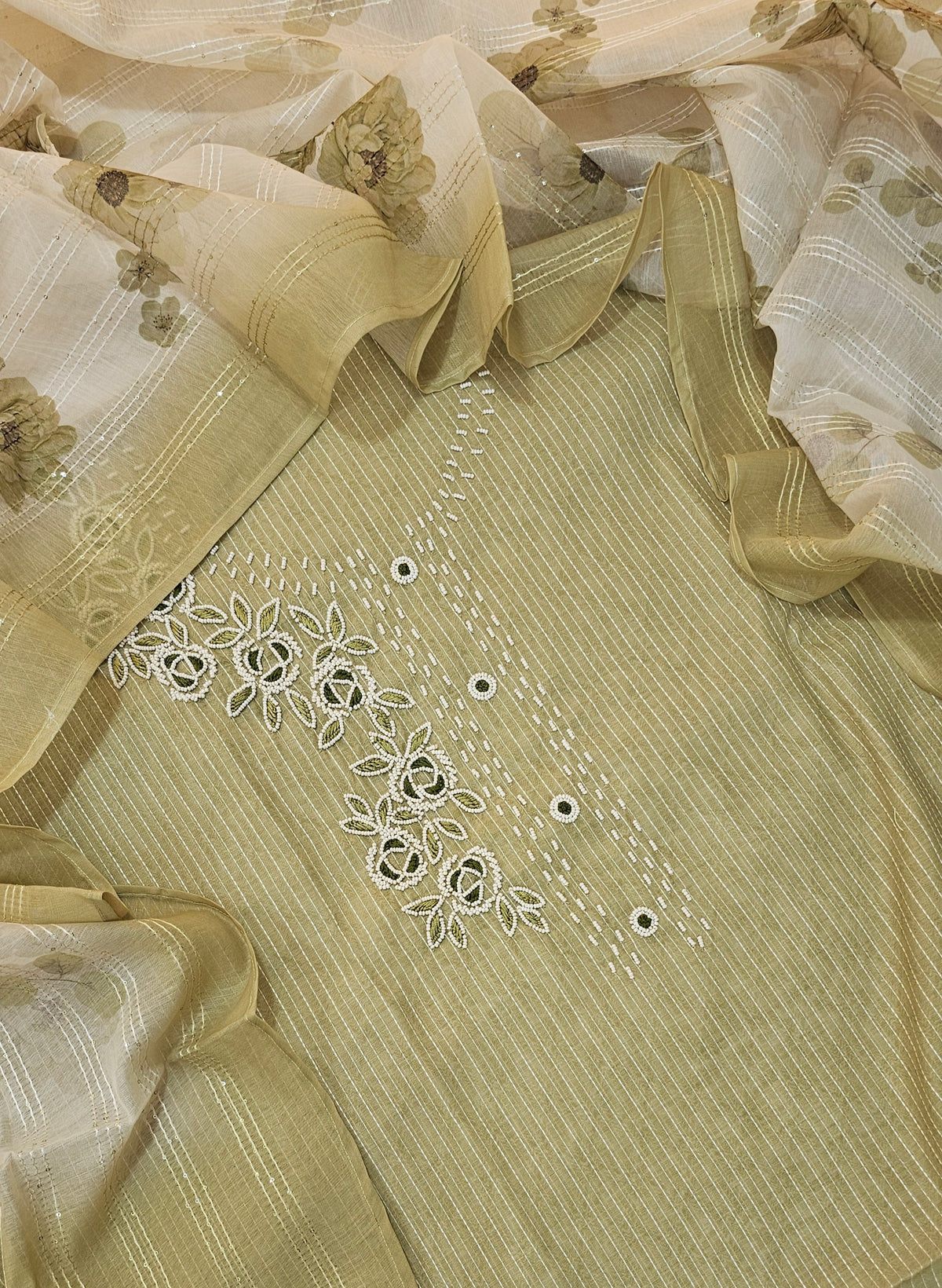 Chanderi with Kantha Unstitched Salwar Suit  - Green