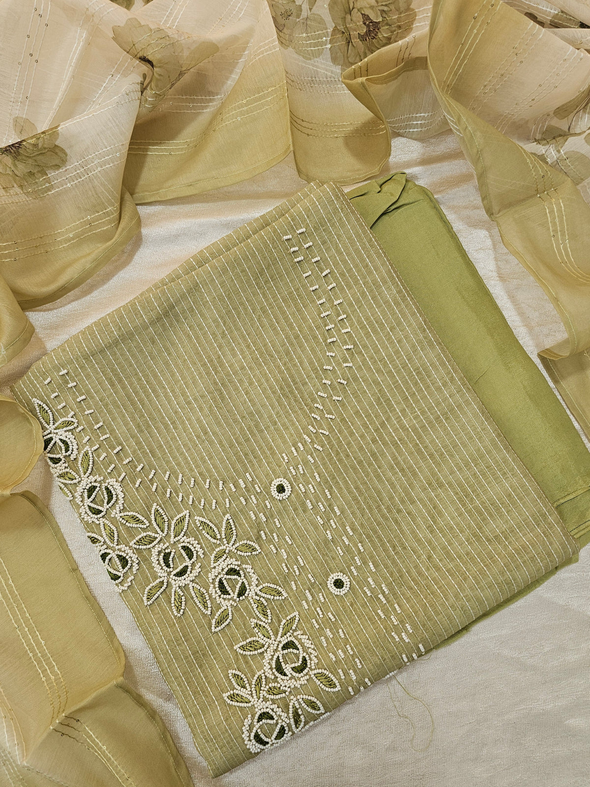 Chanderi with Kantha Unstitched Salwar Suit  - Green