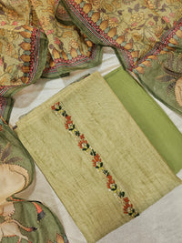 Chanderi with Kantha Unstitched Salwar Suit  - Green