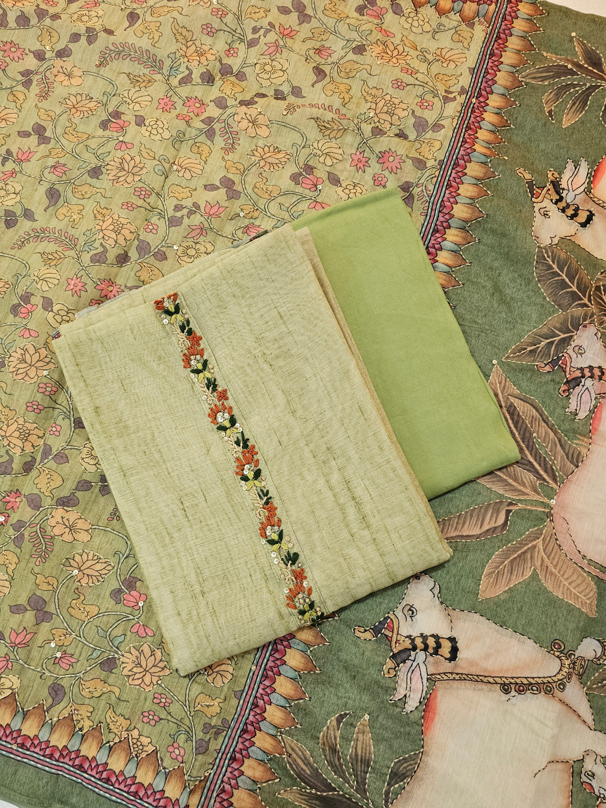 Chanderi with Kantha Unstitched Salwar Suit  - Green