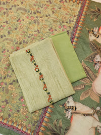 Chanderi with Kantha Unstitched Salwar Suit  - Green