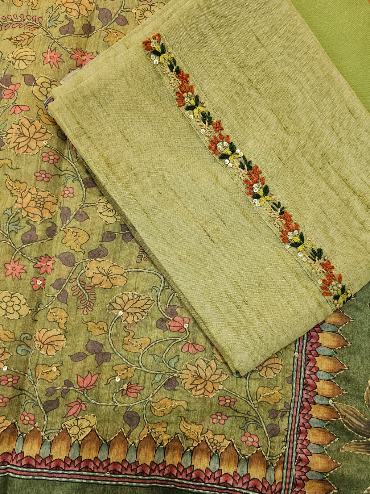 Chanderi with Kantha Unstitched Salwar Suit  - Green