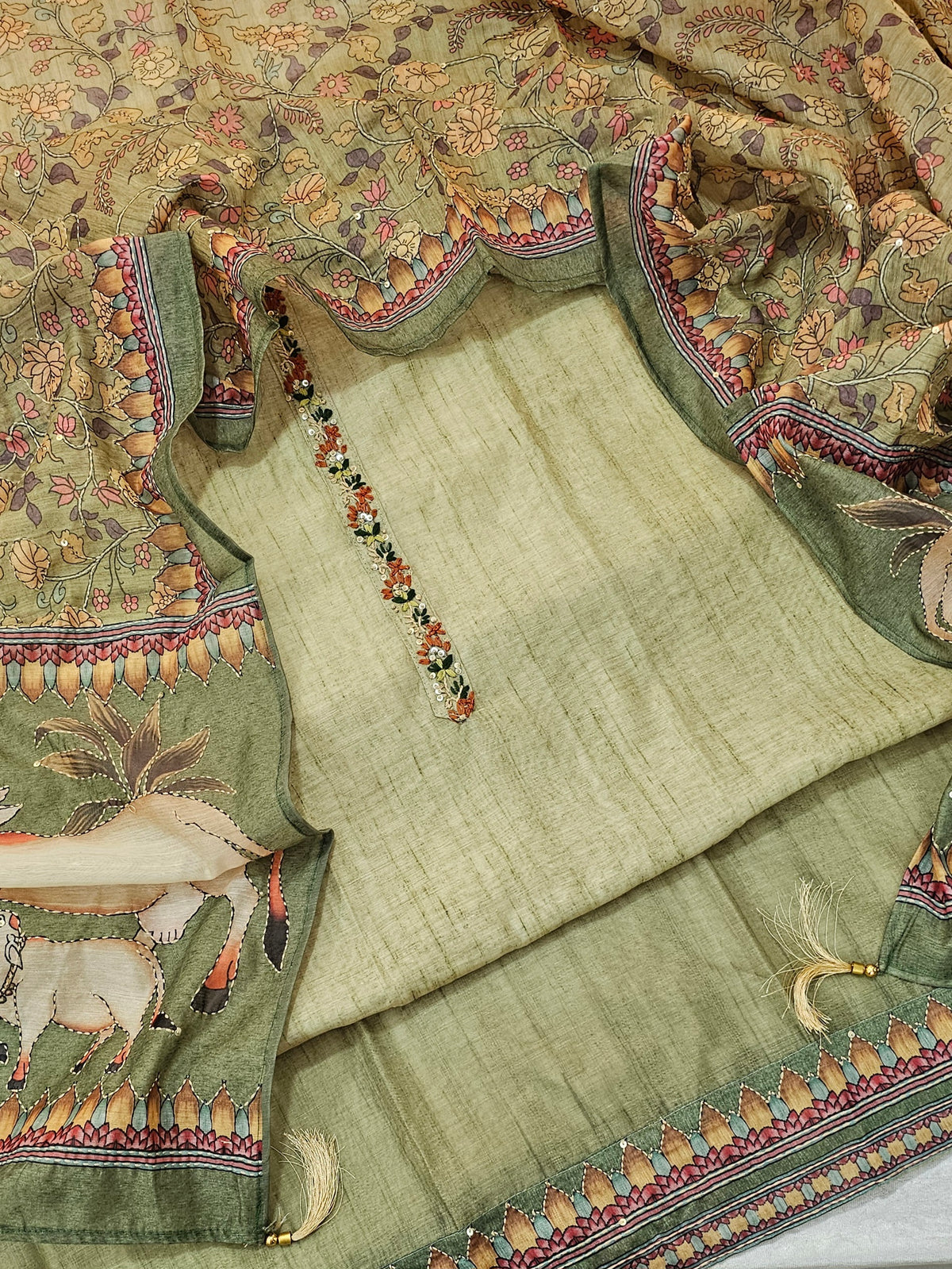 Chanderi with Kantha Unstitched Salwar Suit  - Green