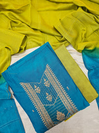 Semi Tussar Silk Unstitched Salwar - Peacock Blue with Green