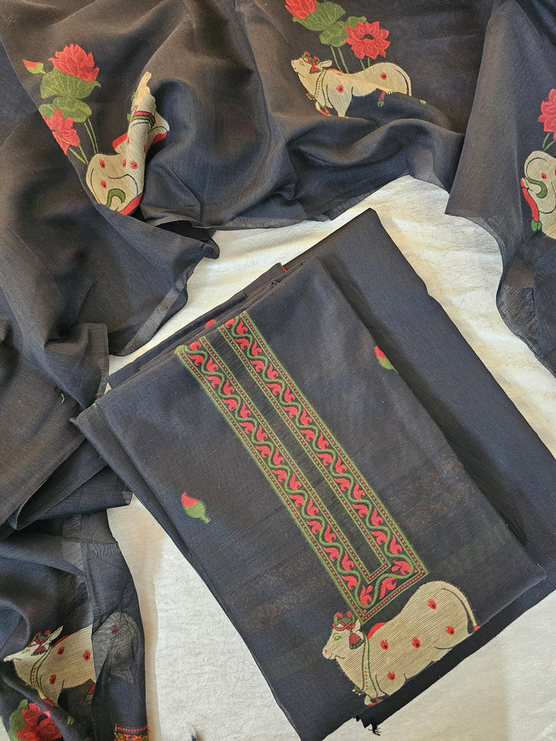 Linen Weaving Unstitched Salwar - Black