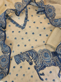 Linen Unstitched Salwar - Cream with Blue