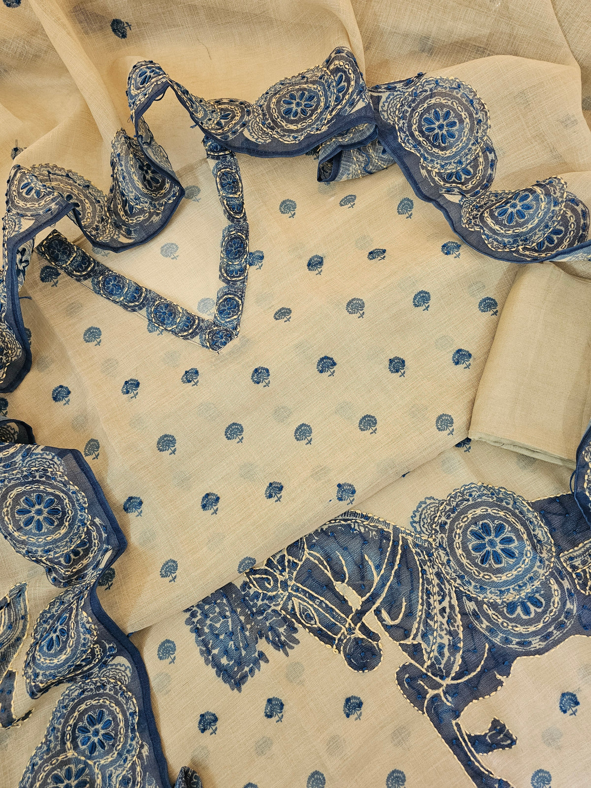 Linen Unstitched Salwar - Cream with Blue