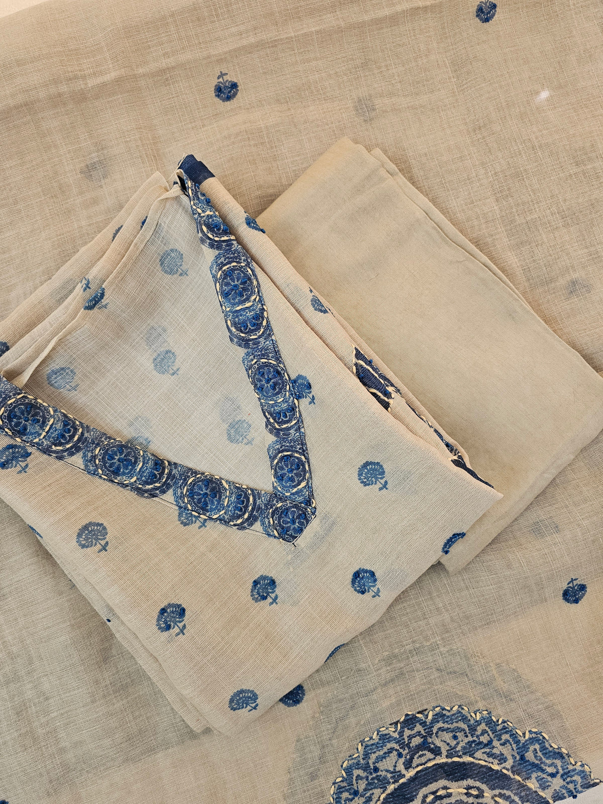 Linen Unstitched Salwar - Cream with Blue