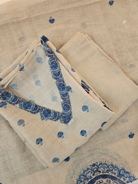 Linen Unstitched Salwar - Cream with Blue