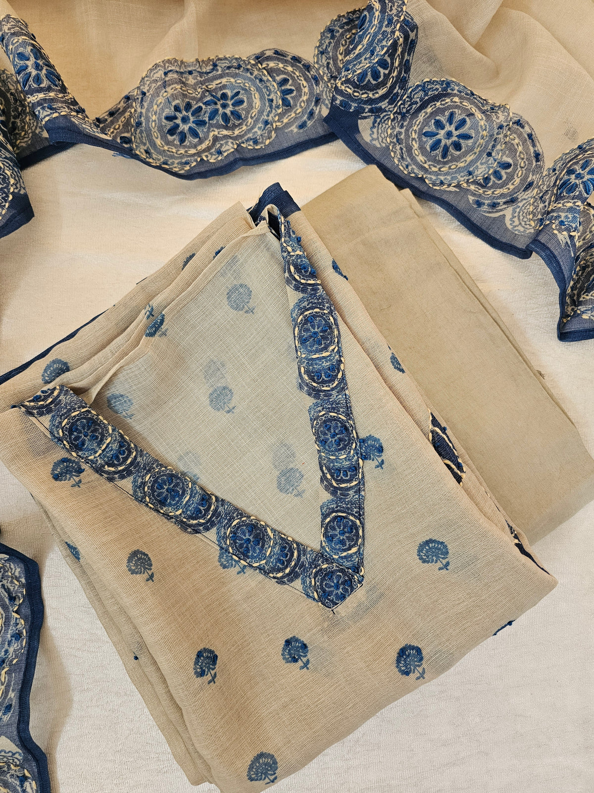 Linen Unstitched Salwar - Cream with Blue