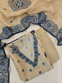 Linen Unstitched Salwar - Cream with Blue