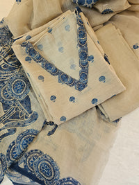 Linen Unstitched Salwar - Cream with Blue