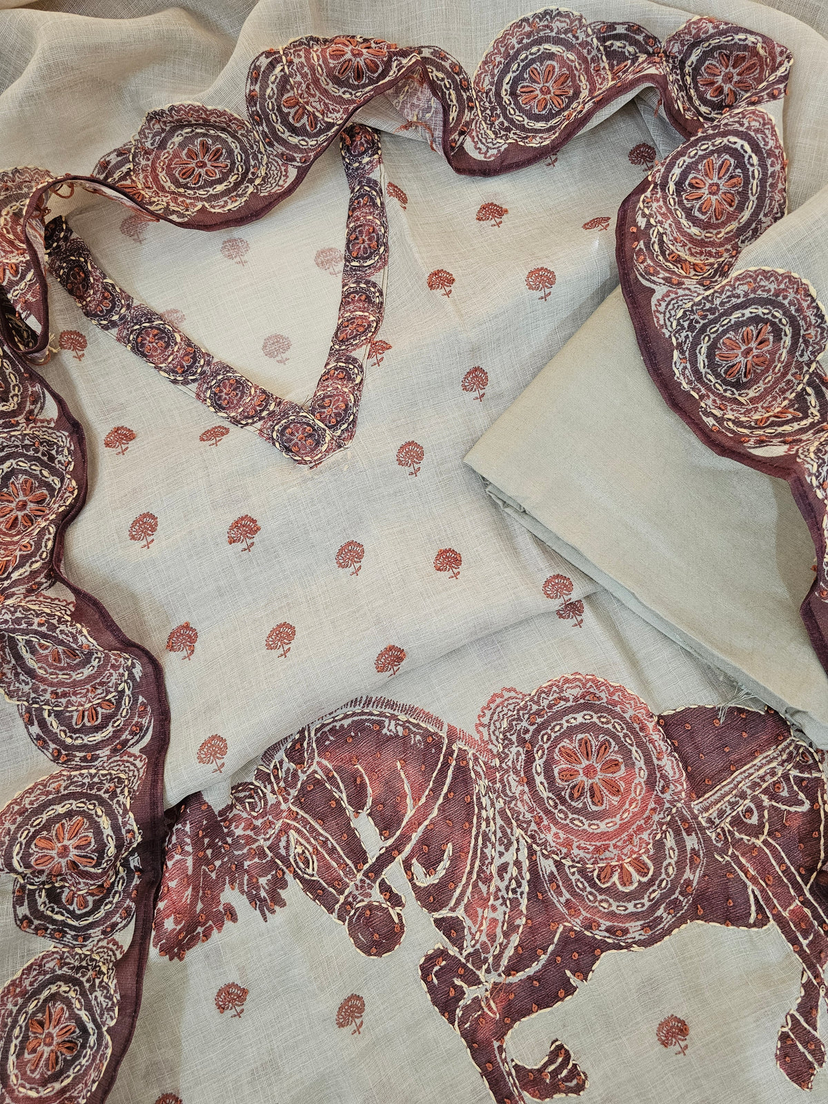 Linen Unstitched Salwar - Cream with Maroon