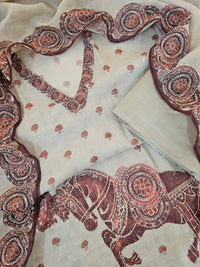 Linen Unstitched Salwar - Cream with Maroon