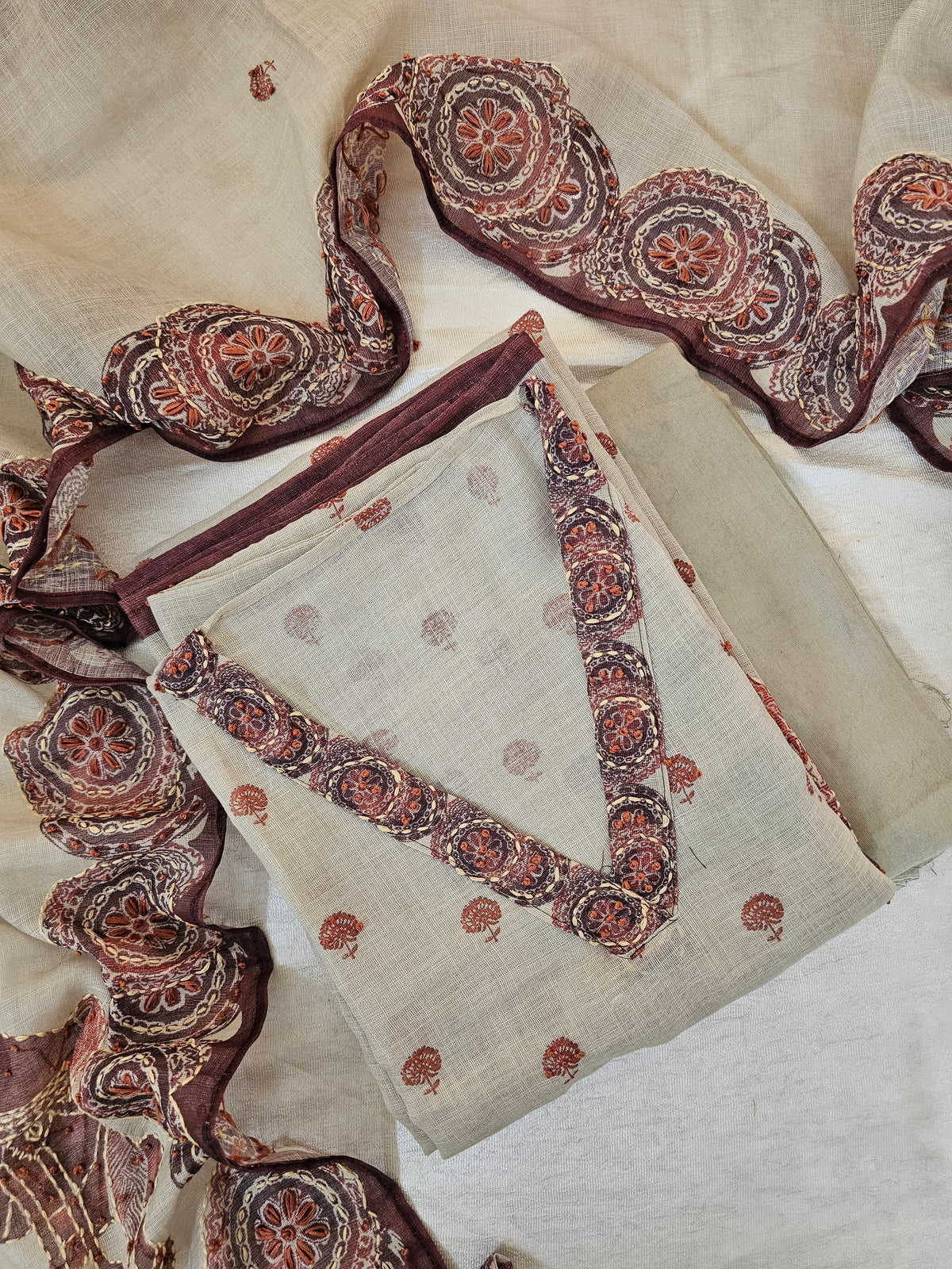 Linen Unstitched Salwar - Cream with Maroon