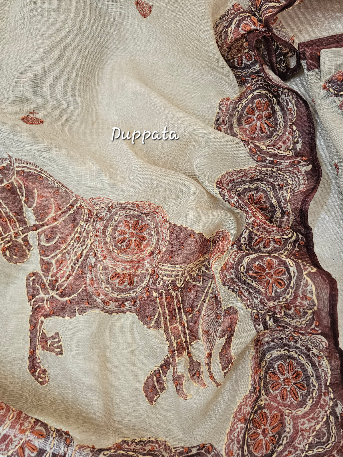 Linen Unstitched Salwar - Cream with Maroon