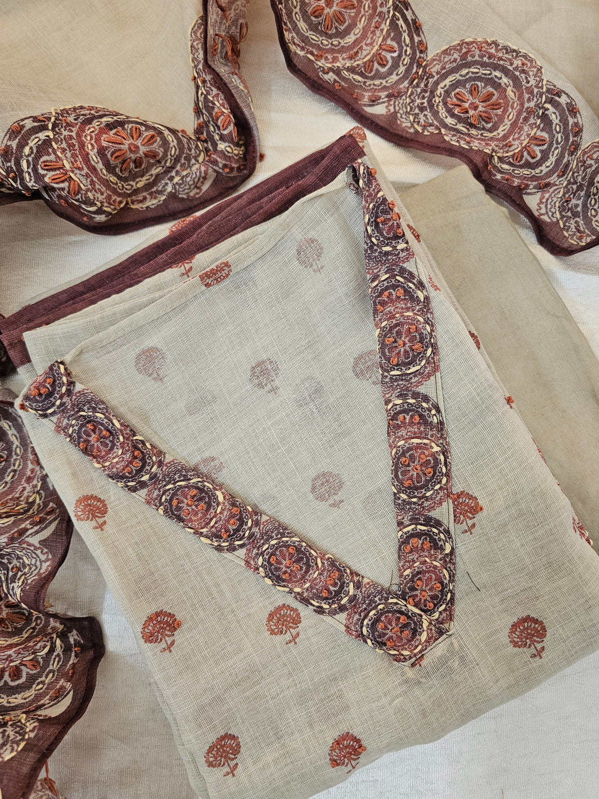 Linen Unstitched Salwar - Cream with Maroon