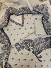 Linen Unstitched Salwar - Cream with Grey