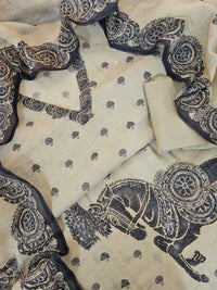 Linen Unstitched Salwar - Cream with Grey