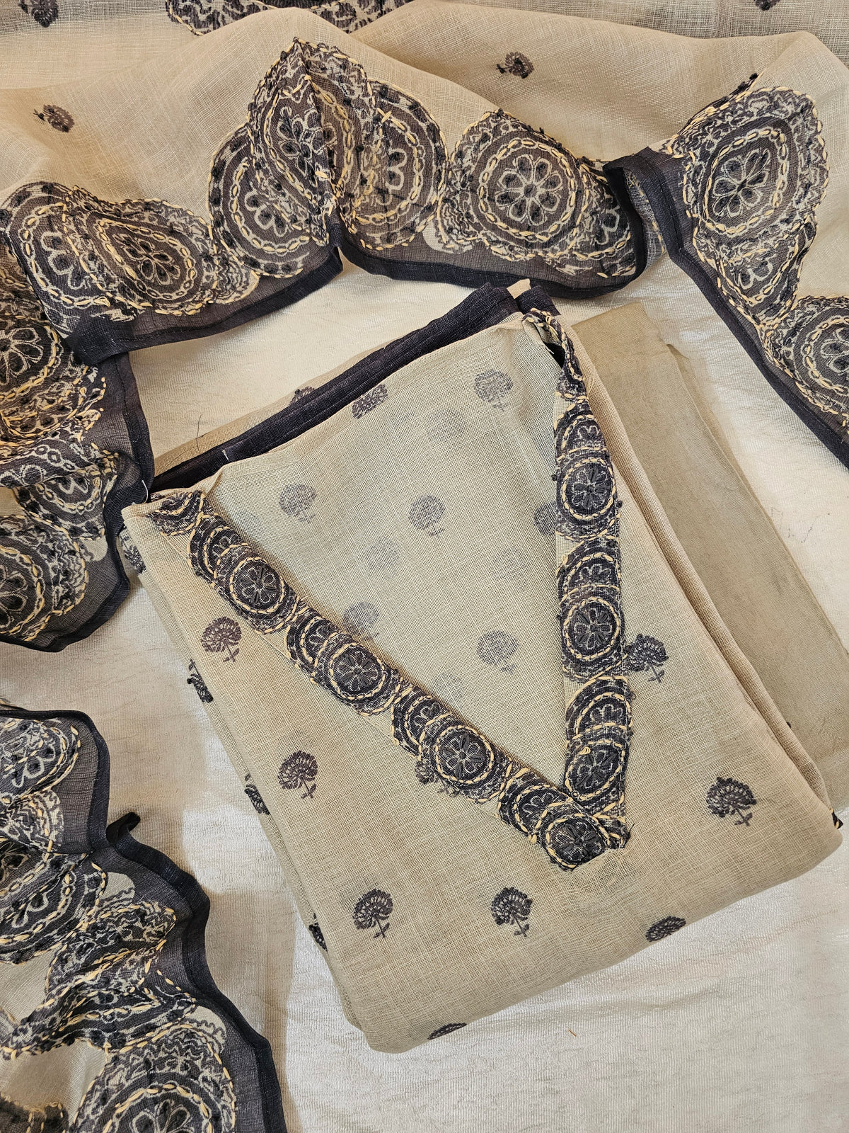 Linen Unstitched Salwar - Cream with Grey