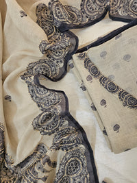 Linen Unstitched Salwar - Cream with Grey