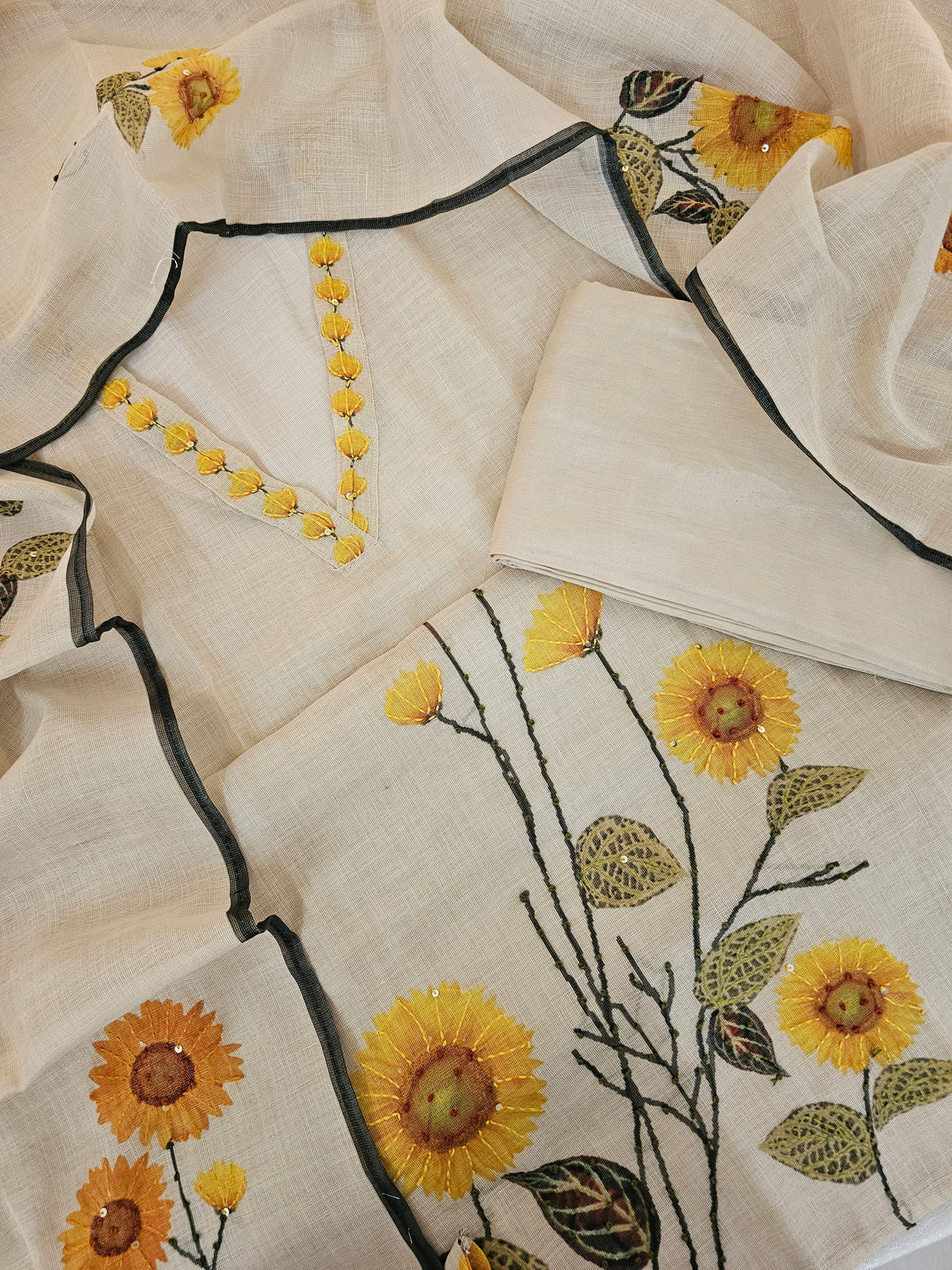 Linen Unstitched Salwar - Cream with yellow