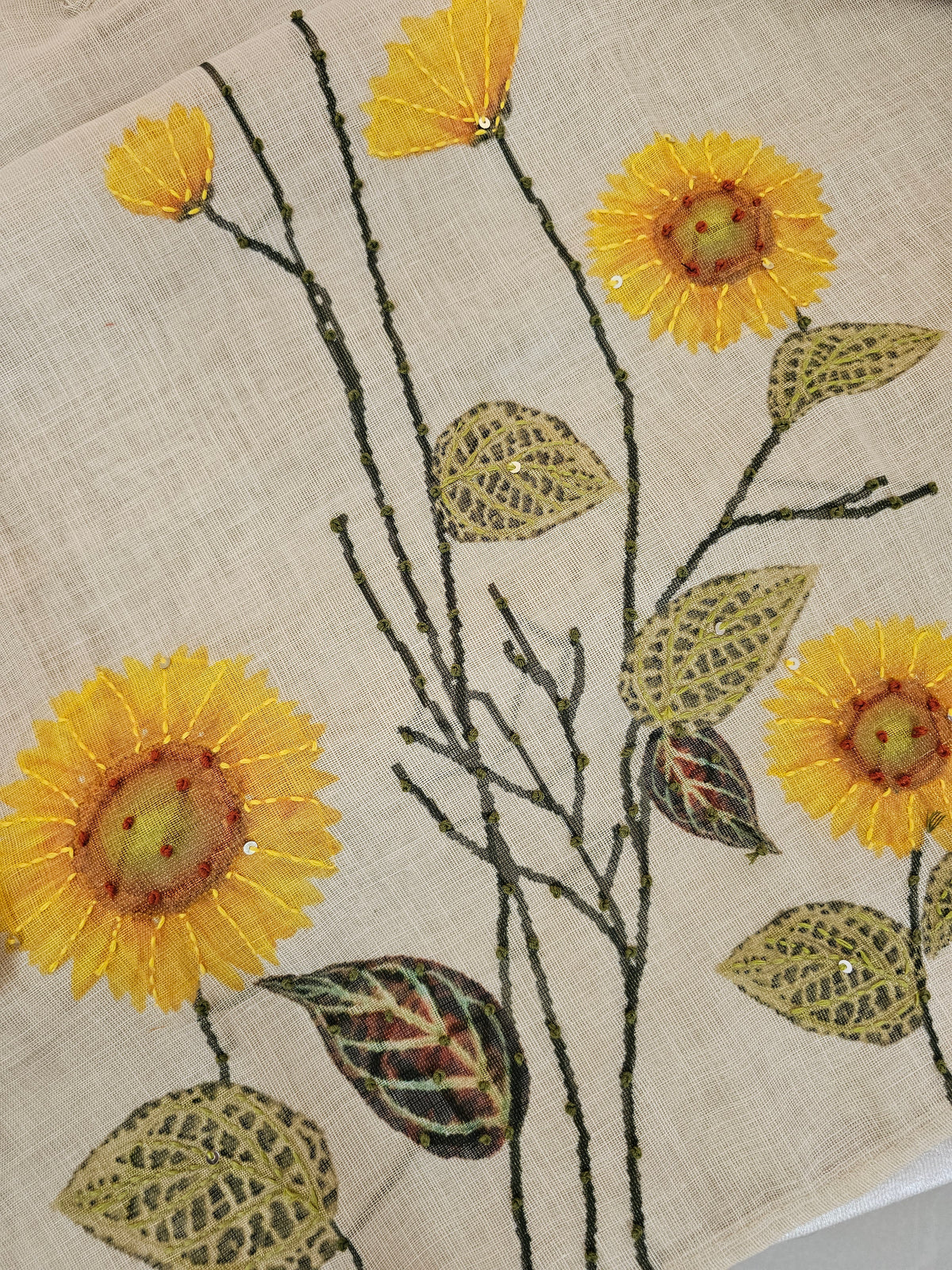 Linen Unstitched Salwar - Cream with yellow