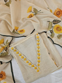Linen Unstitched Salwar - Cream with yellow