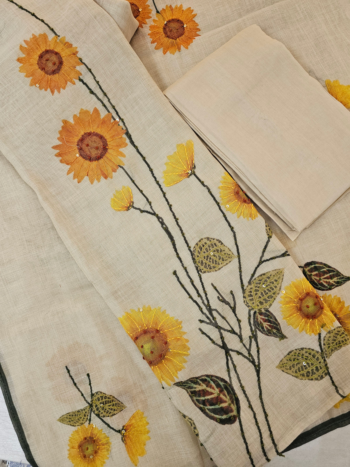 Linen Unstitched Salwar - Cream with yellow