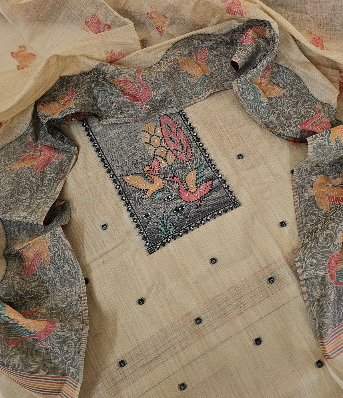 Cotton Jamdani Weaving Unstitched Salwar Suit  - Cream