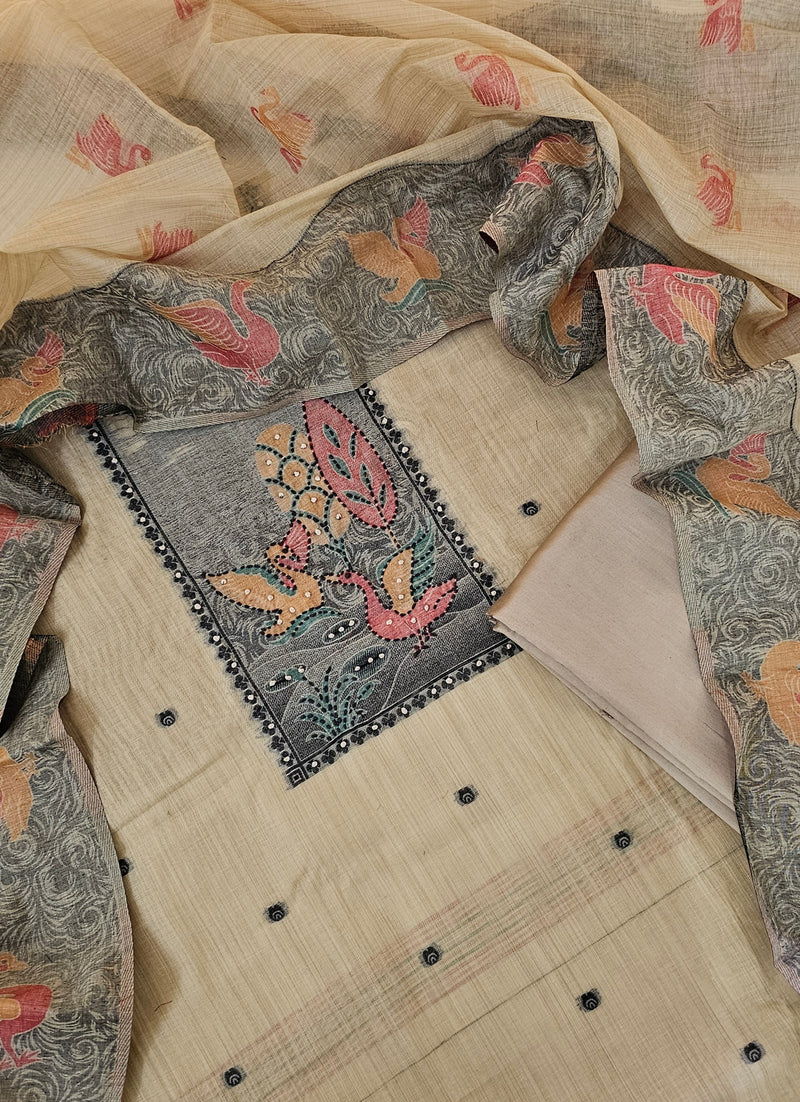 Cotton Jamdani Weaving Unstitched Salwar Suit  - Cream