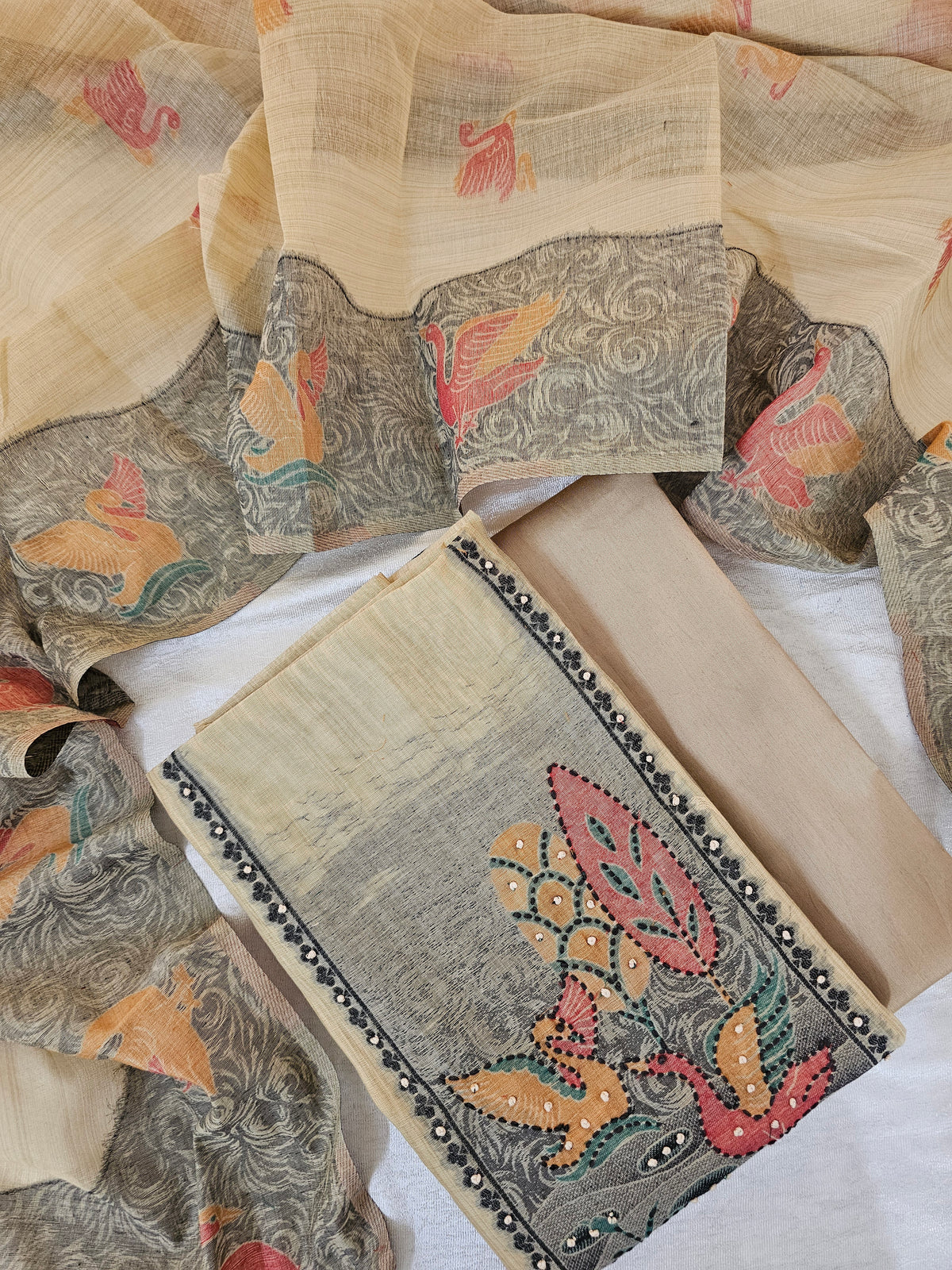 Cotton Jamdani Weaving Unstitched Salwar Suit  - Cream