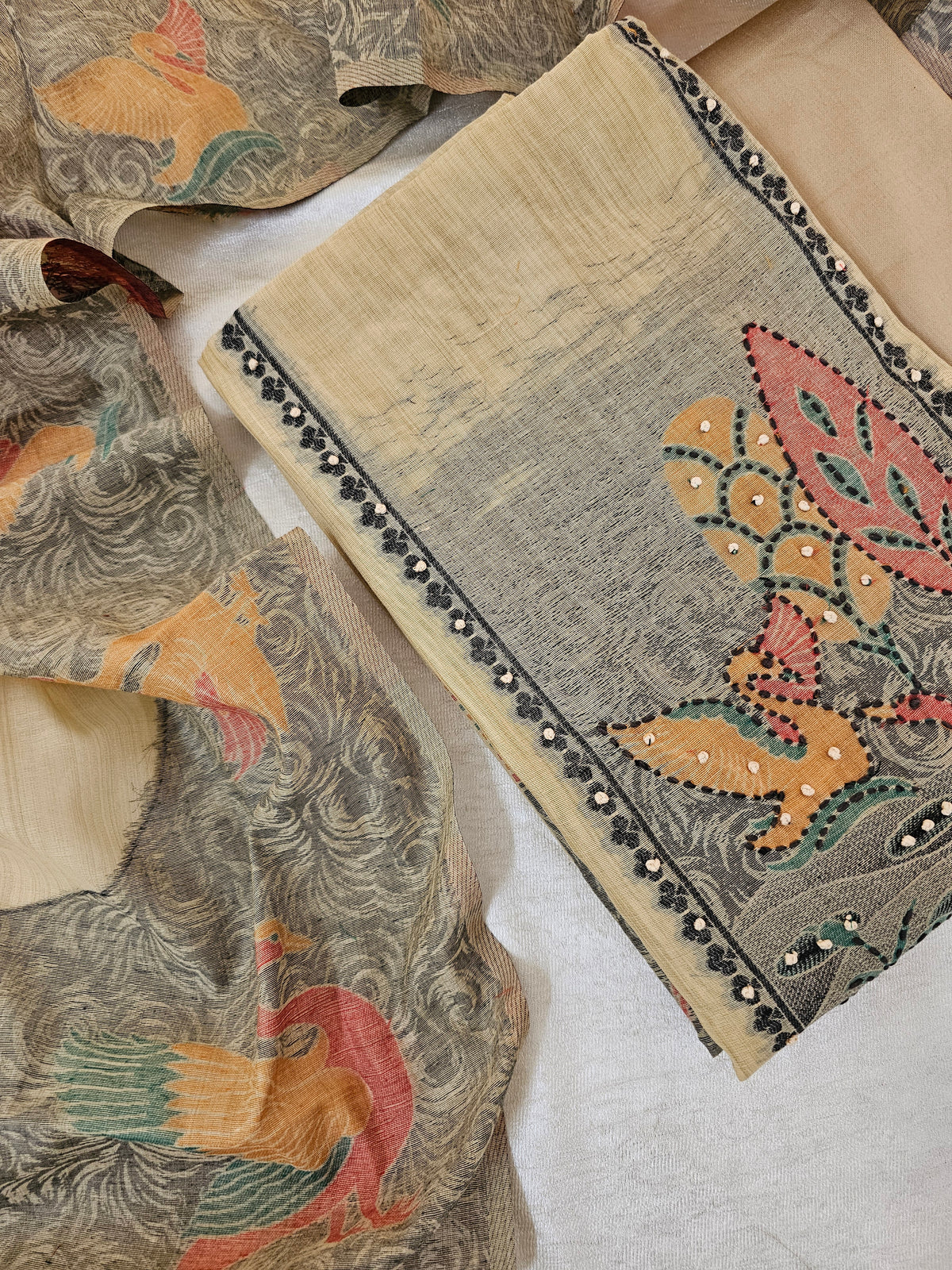 Cotton Jamdani Weaving Unstitched Salwar Suit  - Cream