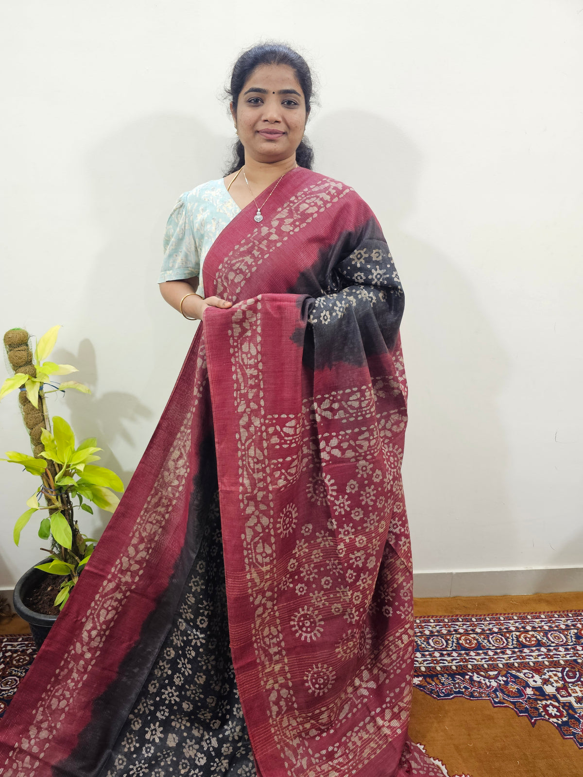 Bhagalpuri with Batik Print - Grey with Maroon