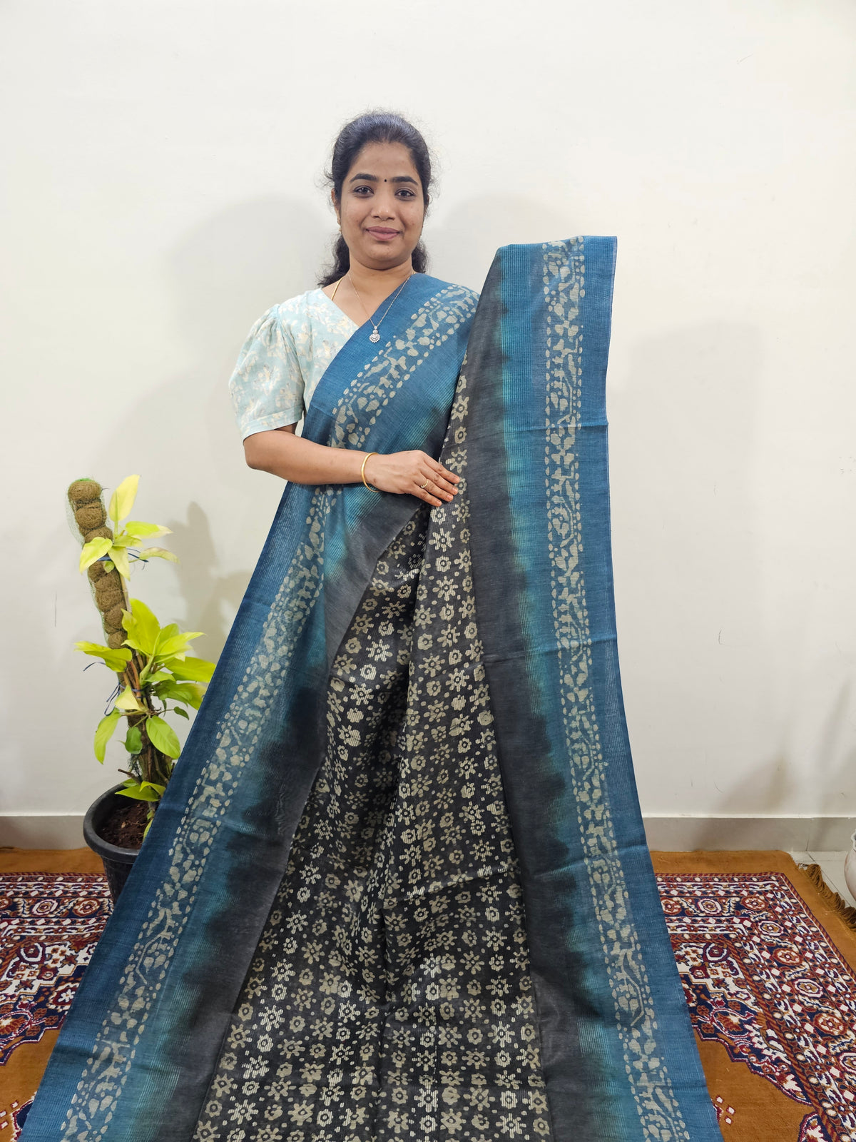 Bhagalpuri with Batik Print - Grey with Blue