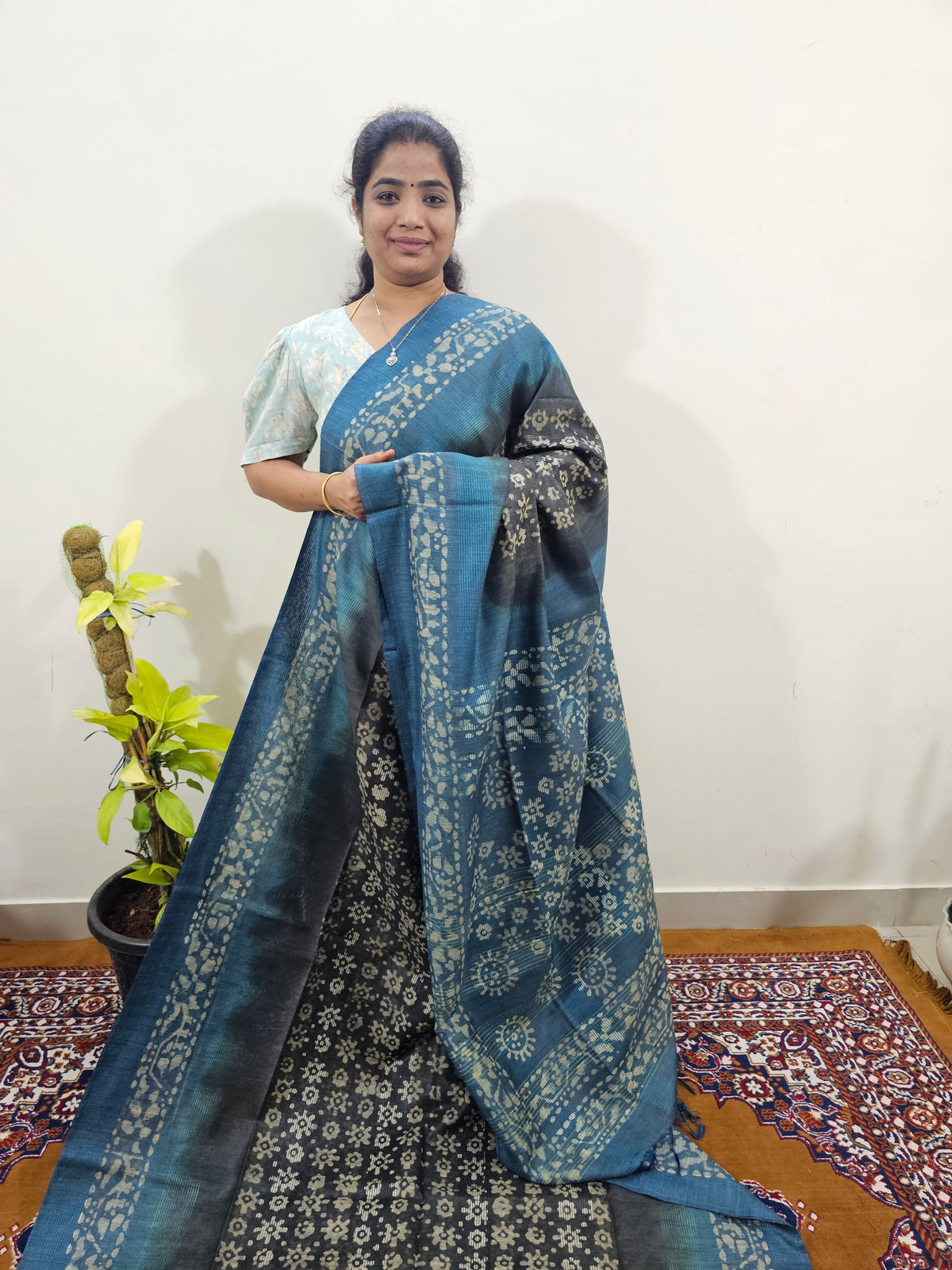 Bhagalpuri with Batik Print - Grey with Blue