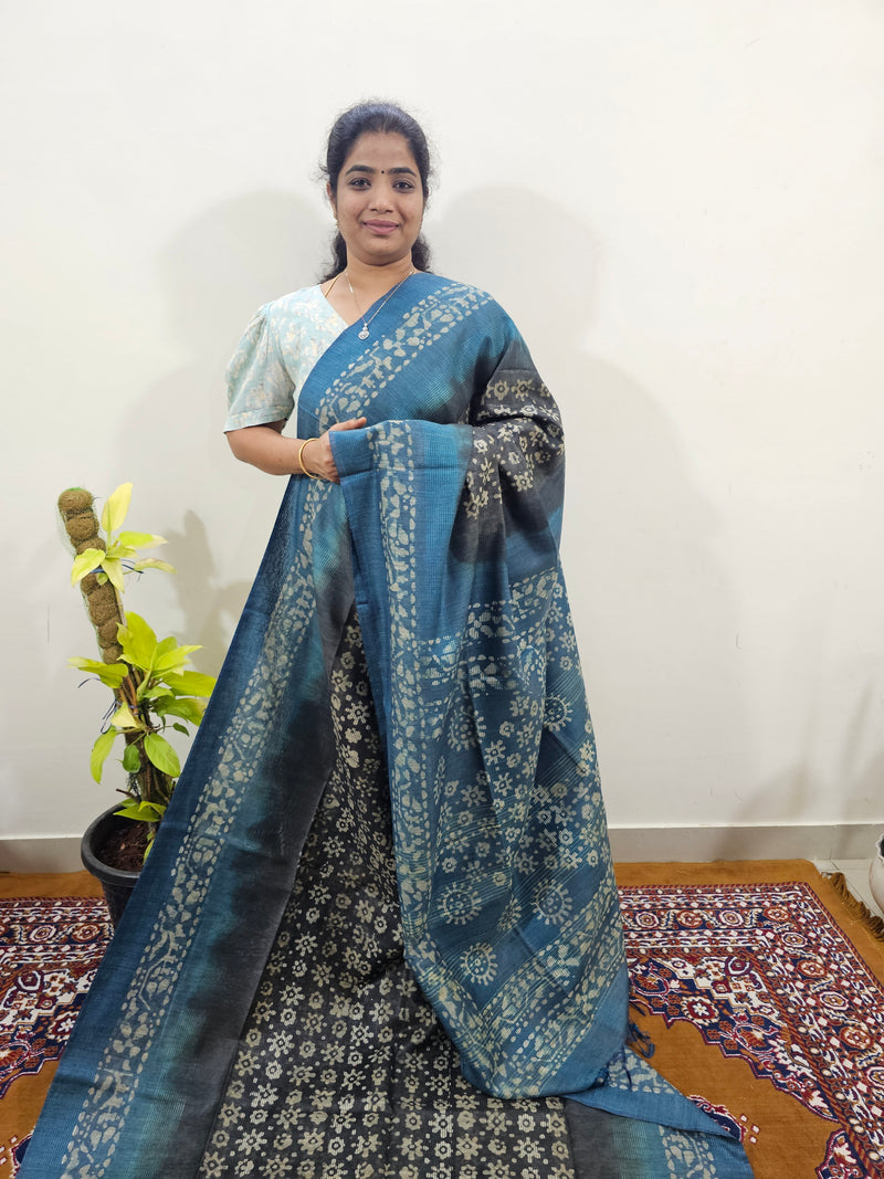 Bhagalpuri with Batik Print - Grey with Blue