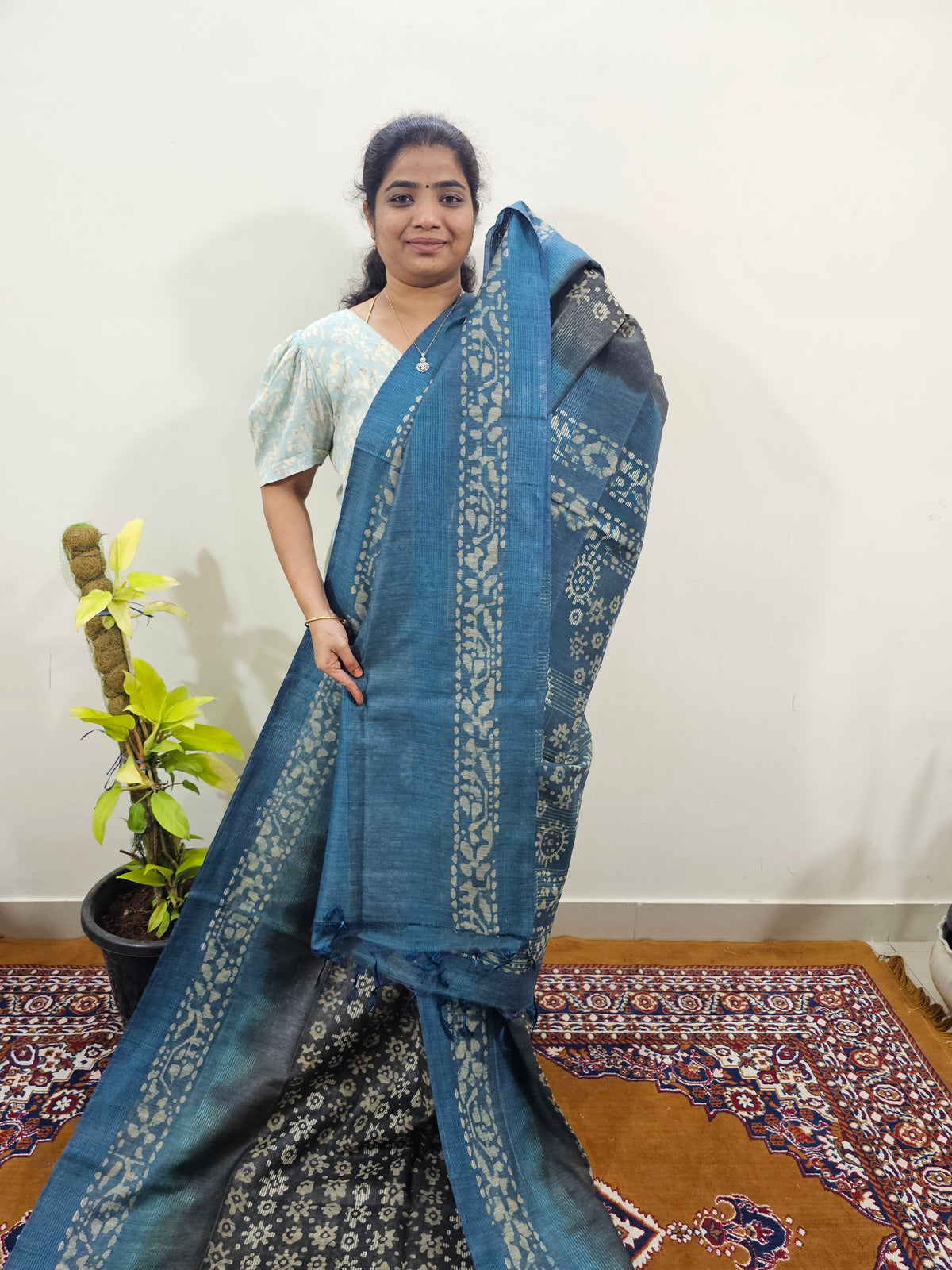 Bhagalpuri with Batik Print - Grey with Blue