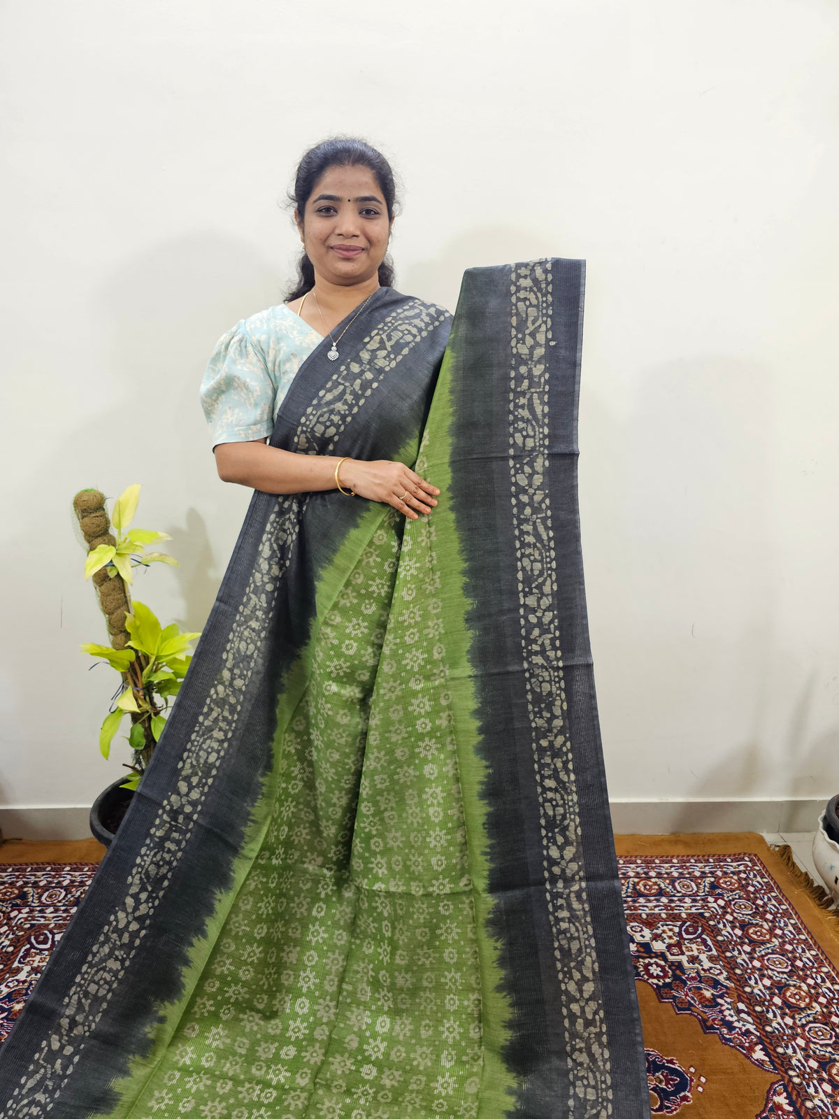 Bhagalpuri with Batik Print - Green with Grey