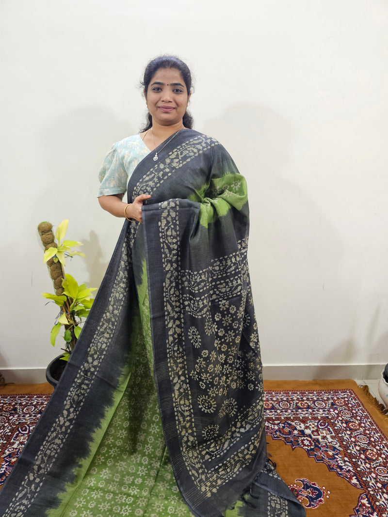 Bhagalpuri with Batik Print - Green with Grey