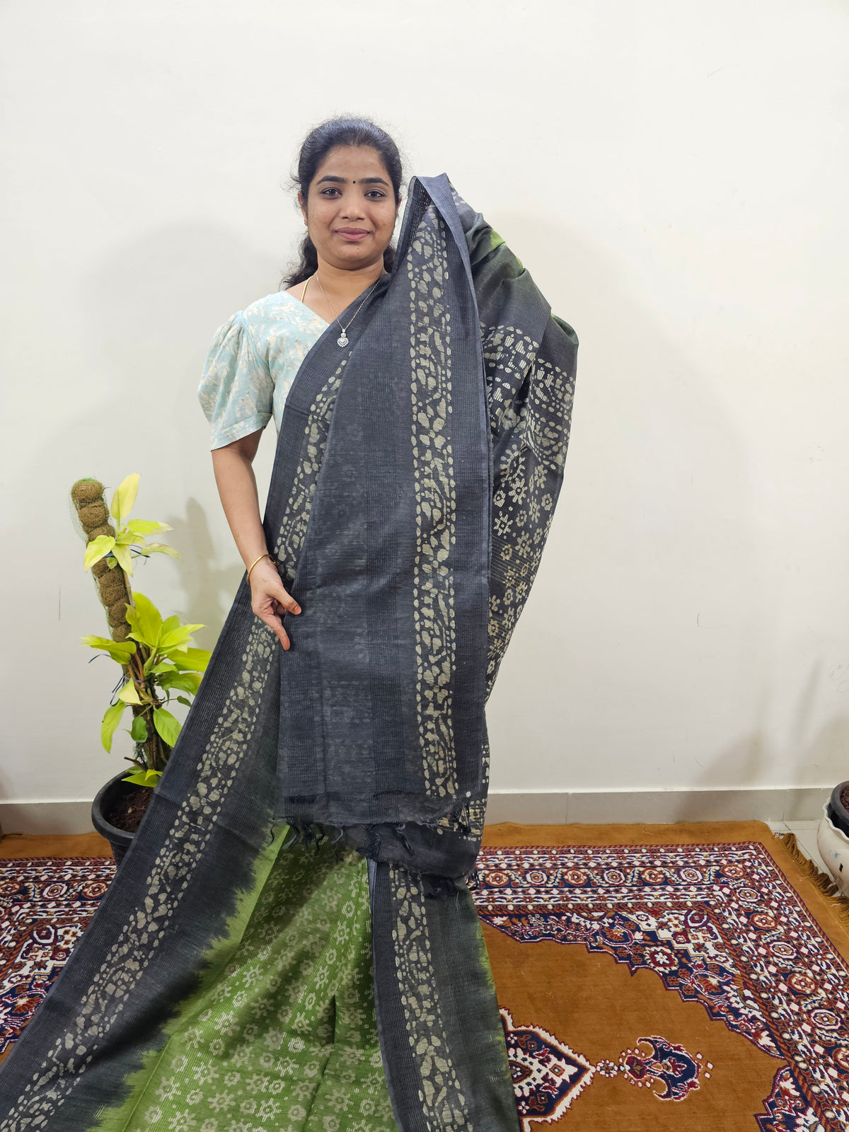 Bhagalpuri with Batik Print - Green with Grey