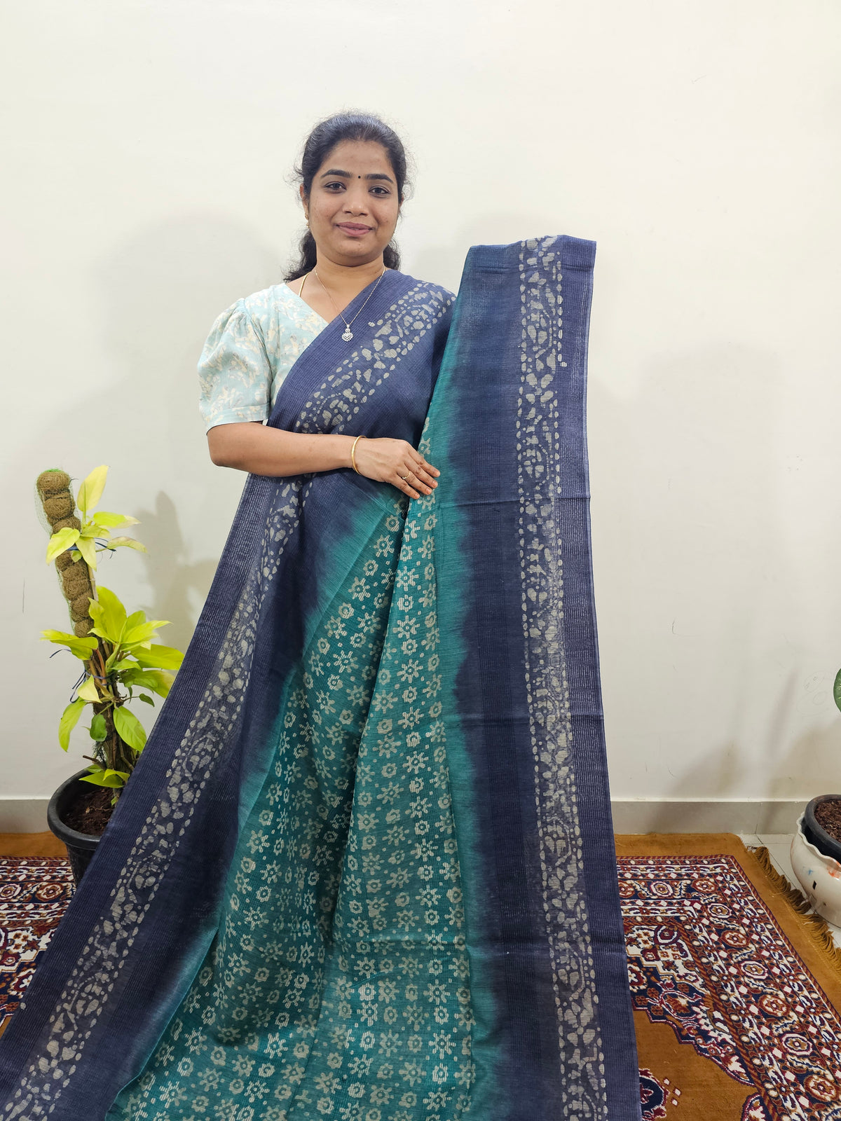 Bhagalpuri with Batik Print - Sea Green with Blue