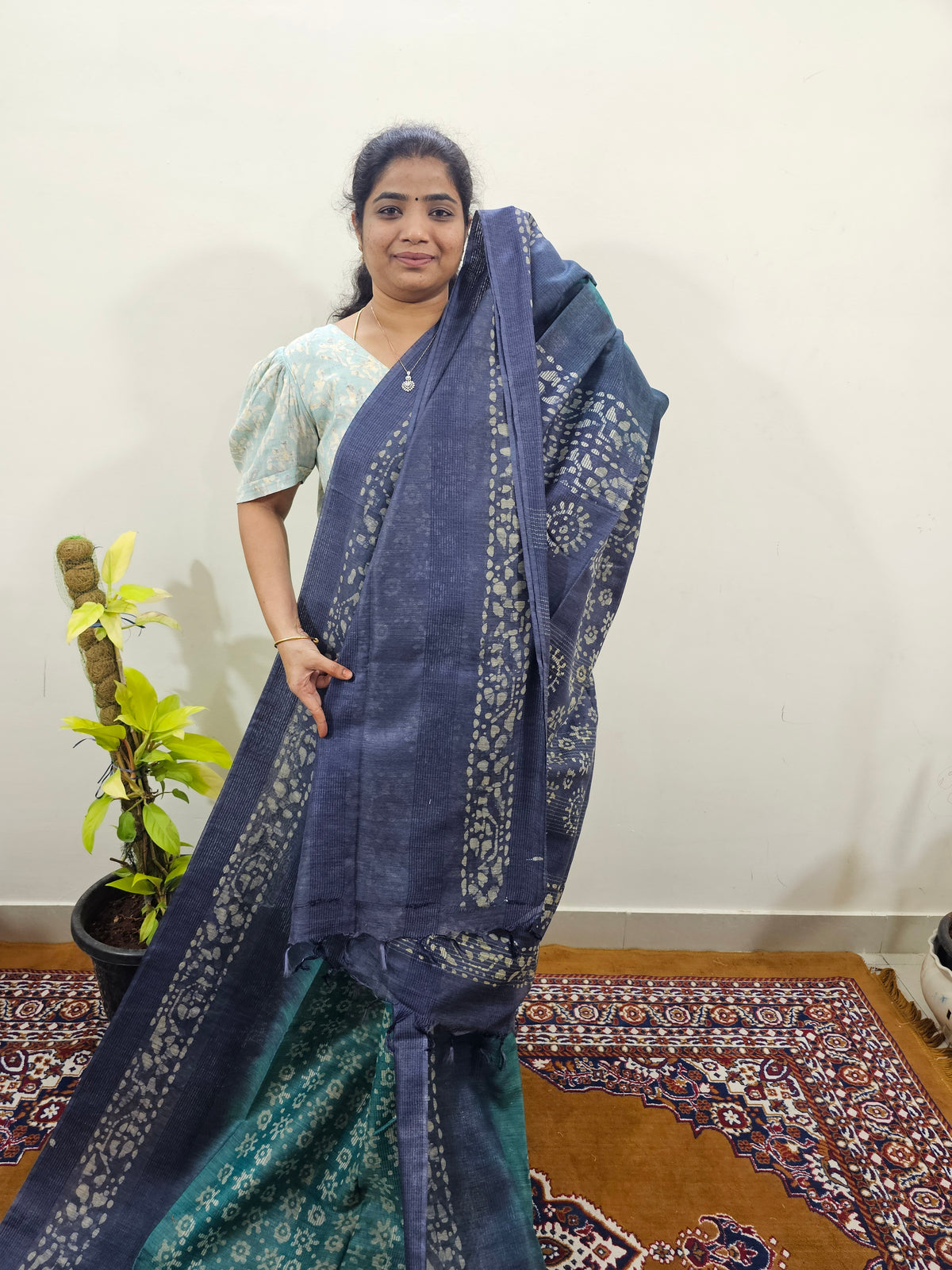 Bhagalpuri with Batik Print - Sea Green with Blue