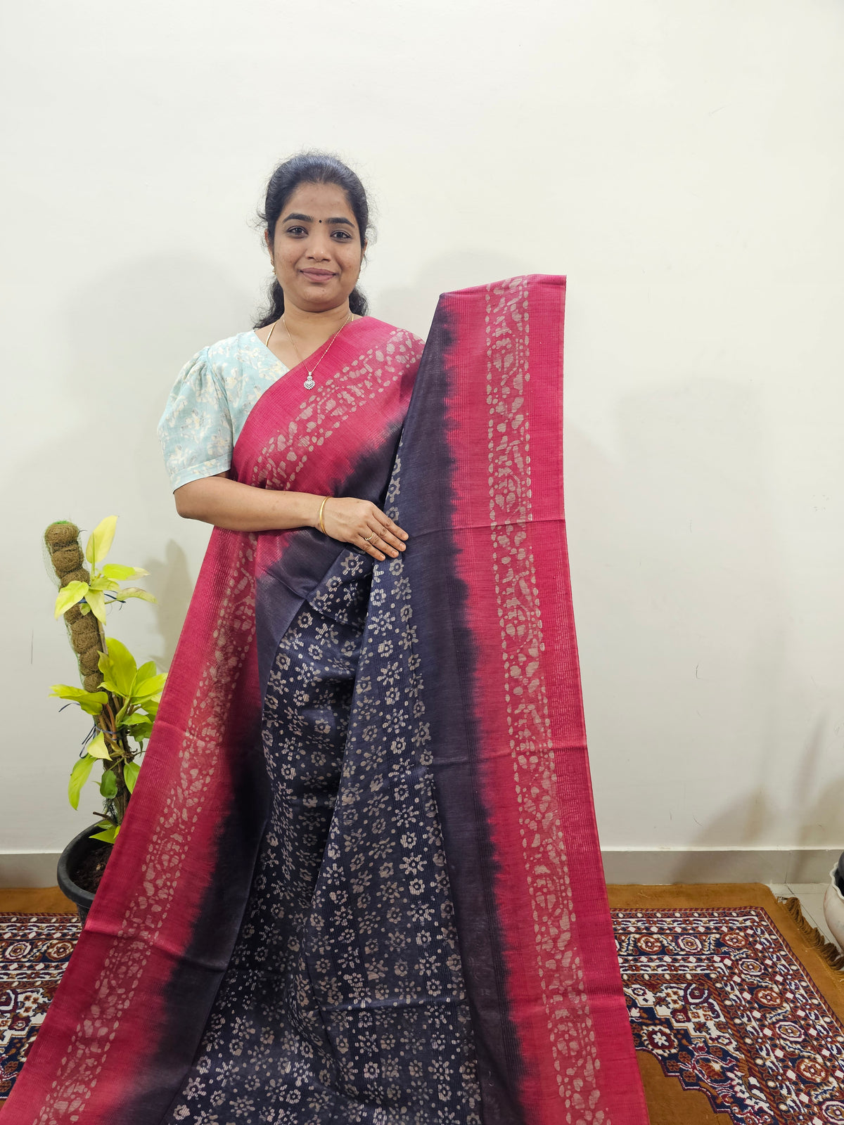 Bhagalpuri with Batik Print - Blue with Pink